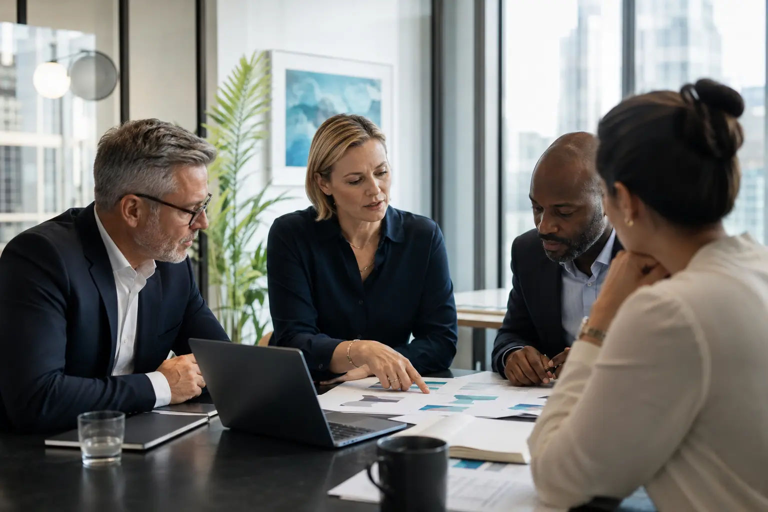 Senior risk professionals reviewing a risk framework in a London office